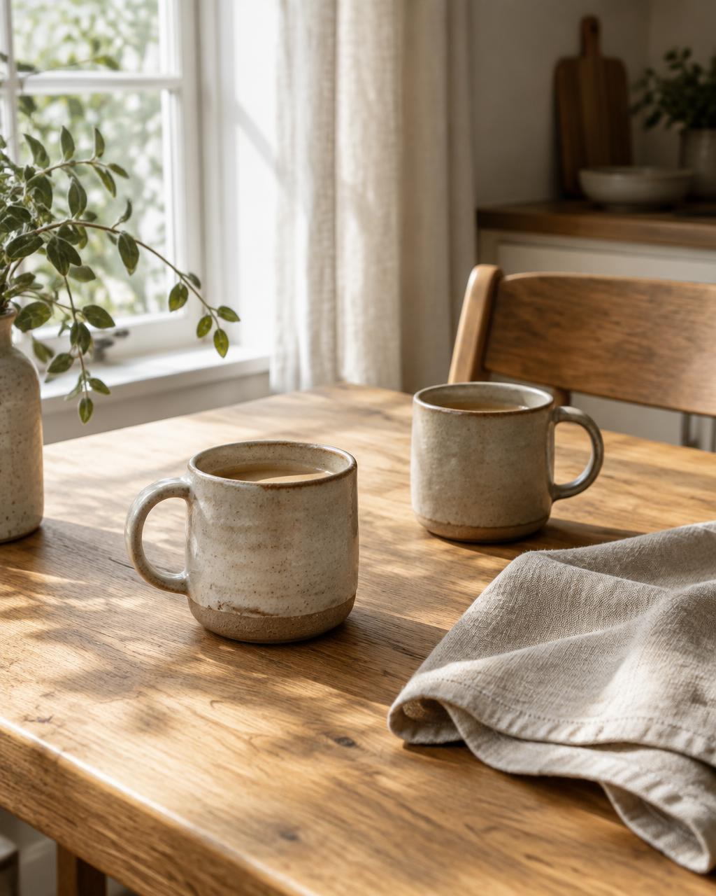 Two ceramic mugs on a sunlit wooden kitchen table